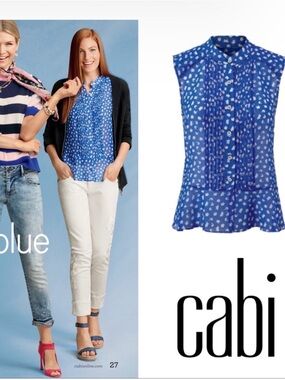 CAbi 5530 Electric Blue Printed Sleeveless Pleated Peplum Blouse XL